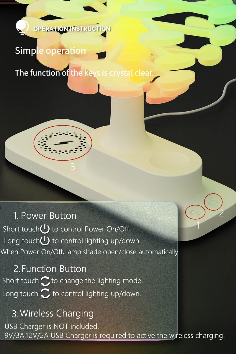 Spiral Tree LED Lamp with Wireless Charging & Colorful Lights